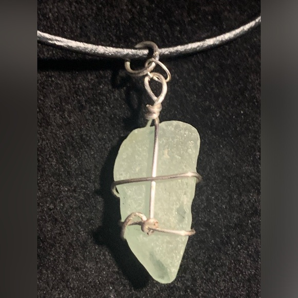 Sea foam Green Seaglass Pendant wrapped in wire with chain Cape Breton - Picture 2 of 5
